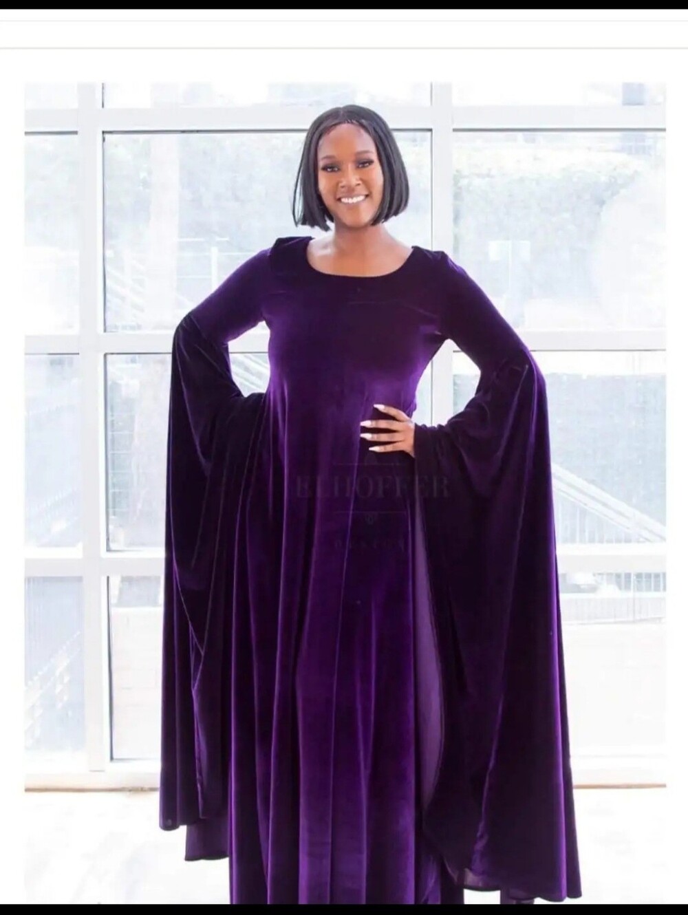 Elven Princess Gown Velvet Maxi Dress with Dramatic Bell Sleeves - Purple 3X